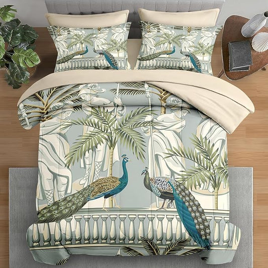 Comforter Set Twin Size, Peacock Bird Animal 5 Pcs Bedding for Kids and Adults, Floral Botanical Grey Green Bed Sheet Sets with Fitted Sheet Pillowcase & Sham for Bedroom Bed Decor