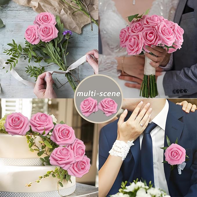 Artificial Flowers Roses Real Looking Foam Fake Roses with Leaves and for DIY Wedding Bouquets Bridal Shower Centerpieces Party Decorations (Dark Pink, 200)