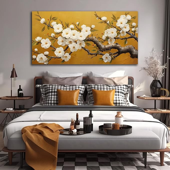 Plum Blossom Prints Wall Art for Living Room Yellow and White Wall Decor for Bedroom Big Canvas Wall Art for Office Size 29 x 58 Inch