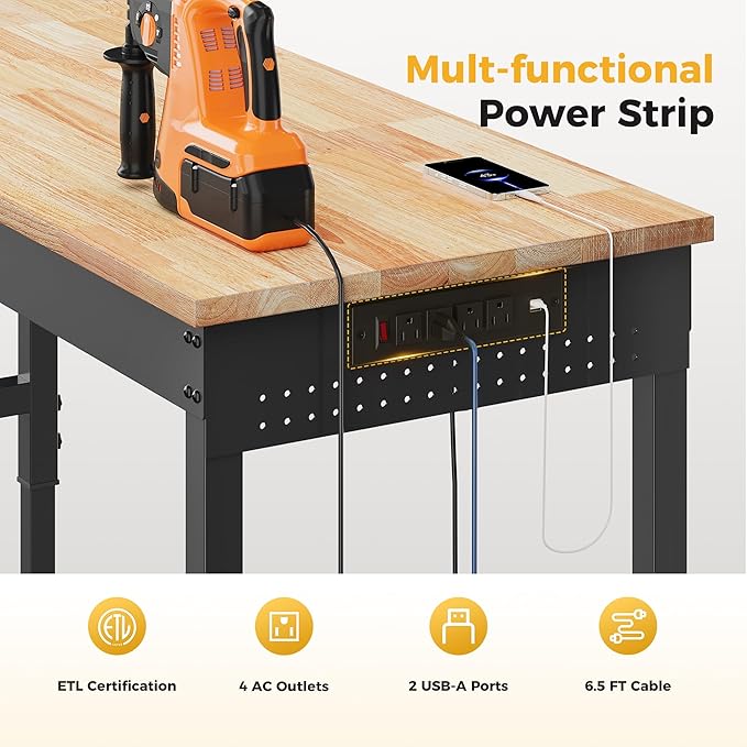 120" Adjustable Heavy Duty Workbench, 2000 LBS Load Capacity Rubber Wood Work Table with Pegboard, Power Outlets, Work Bench for Garage, Workshop, Office, Home, Commercial, Ships in 2 Boxes