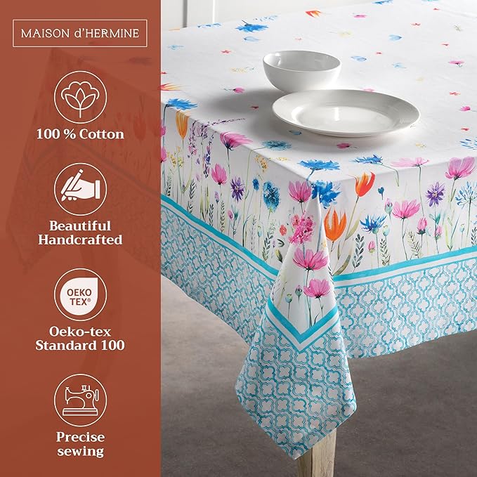 Maison d' Hermine Table Cloth Square Table 100% Cotton 60 x 60 Inches Tablecloth Reusable Decorative for Dining Room, Farmhouse, Home, Party, Festive & Wedding Spring Summer - Flower in The Field