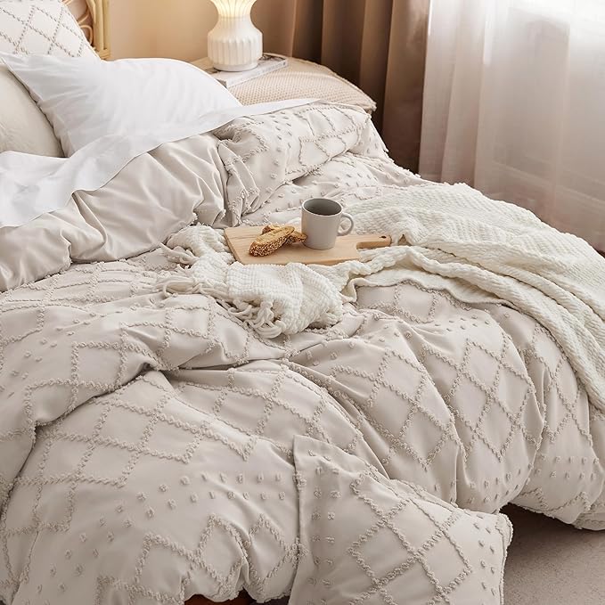 Bedsure Boho Duvet Cover King Size - Beige Breathable & Soft Boho Bedding, Machine Washable Comforter Cover for All Seasons, Includes 1 Duvet Cover 104"x90" with 2 Pillow Shams & Zipper Closure