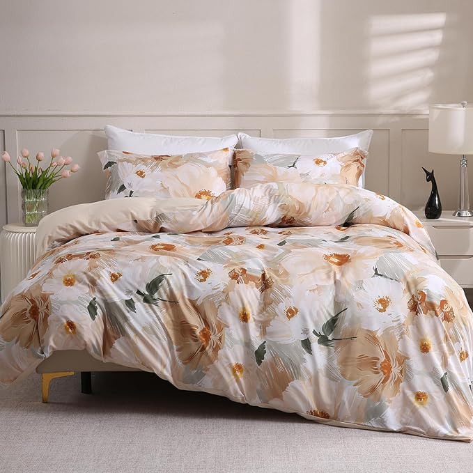 LONAVA Queen Flower 3 Pcs Duvet Cover Set, Breathable Soft Microfiber Biege Lining Comforter Cover with Zipper Closure, and 2 Anti-Pilling, Fade Resistant Pillowcases, Golden Flower