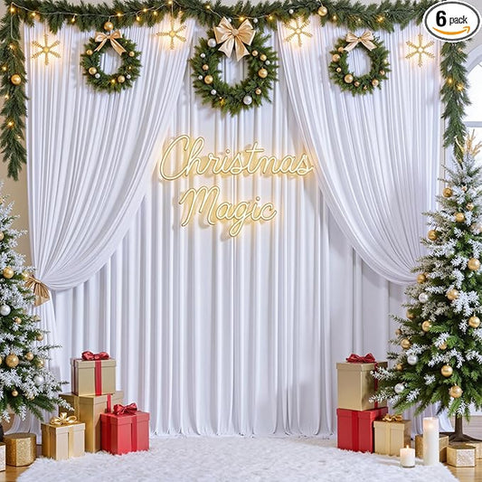 gogoparti 30x12 ft White Wrinkle-Free Backdrop Curtain for Weddings & Parties - 6 Panels (5x12 ft Each) for Birthday, Baby Shower, Halloween Photography Background