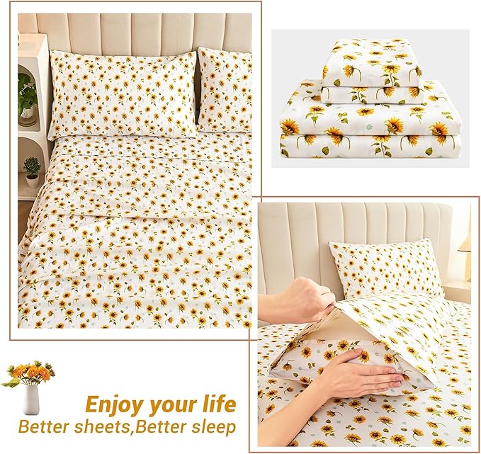 Softan Floral Sheet Set Full, Sunflower Printed Bed Sheets Double, Brushed Microfiber Fitted Sheet with 15" Deep Pocket & Non-Slip Straps, Yellow Flower Pattern Sheet & Pillowcase Sets