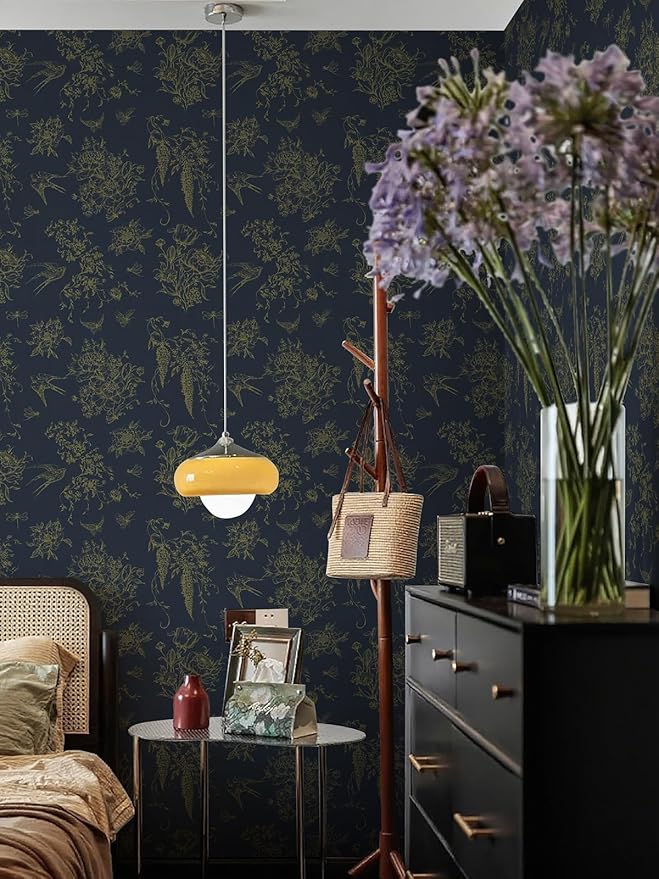 Floral Birds Wallpaper Peel and Stick Dark Blue Contact Paper 16.9”x 118.1” Vintage Floral Self Adhesive Removable Wallpaper Flower Birds Wall Paper for Bathroom Kitchen Decor Vinyl