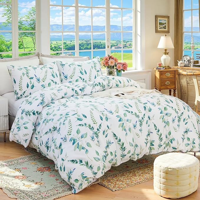 Botanical 100% Cotton Duvet Cover King Size - 3Pcs Mint Green Printed with Sage & Emerald Leaves on White,Reversible Lightweight and Soft Bedding Sets