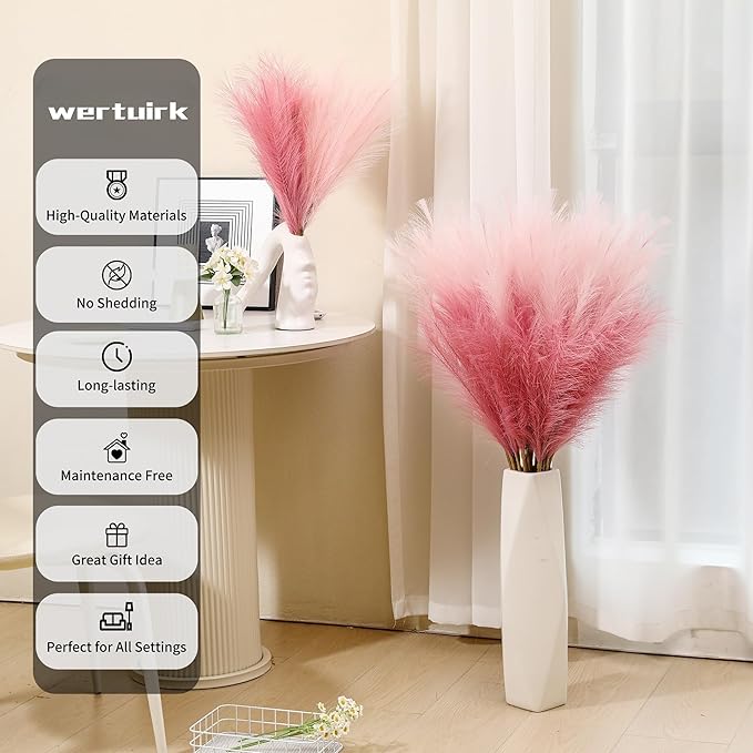 9 Stems Pink Pampas Grass - 38 Inch Large Fluffy Faux Pompous Grass Decor, Long Artificial Colored Pompas Floral for Vase Filler, Wedding Centerpieces and Home Decor (Pink)