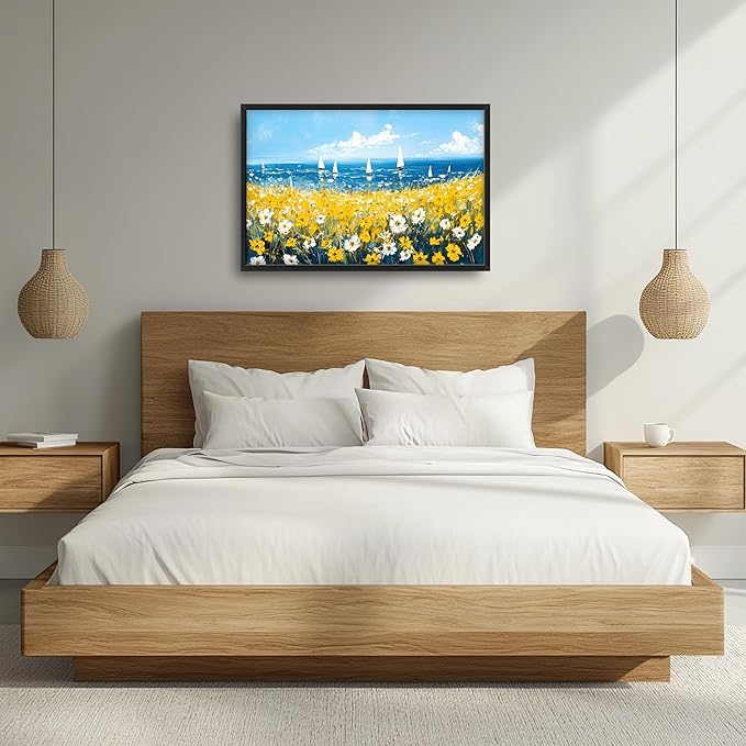 Coastal Flowers Large Wall Art Framed Blue Wall Decor for Living Room Ocean Sailboat Pictures Oversized Canvas Print Painting Modern Extra Large Framed Artwork for Bedroom Office 36"x24"
