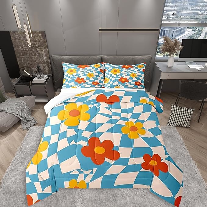 Castle Fairy Kids Vintage Groovy Daisy Flowers Comforter Set Twin Size,Abstract Blue Plaid Bedding Comforters Bedroom Decor,70s Hippie Floral Microfiber Duvet Set for Kids Teens,2 Pcs
