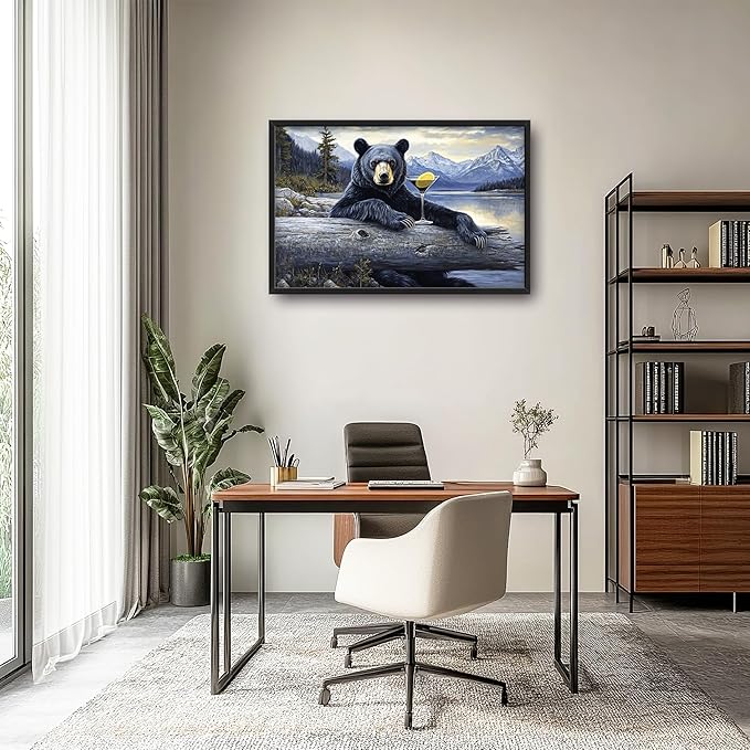 Forest Bear Large Decor Framed Wall Art Mountain Lake Cabin Pictures for Living Room, Black Bear Oversized Canvas Print Painting Modern Extra Large Framed Artwork for Bedroom Office 36"x24"