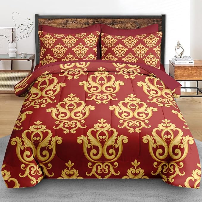 Comforter Set Twin Size, Vintage Floral Gold 5 Pcs Bedding for Kids and Adults, Medieval Burgundy Red Bed Sheet Sets with Fitted Sheet Pillowcase & Sham for Bedroom Bed Decor
