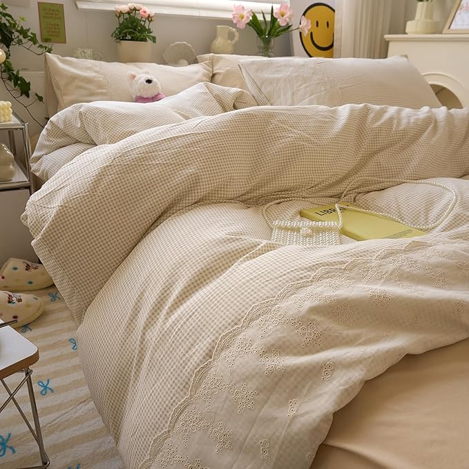 LifeTB Tan Gingham Duvet Cover Twin XL 3 Pieces Romantic Lace Duvet Cover Vintage Plaid Checkered Comforter Cover with 2 Pillowcases Soft Microfiber Beige Tan Grid Farmhouse Plaid Bedding Set