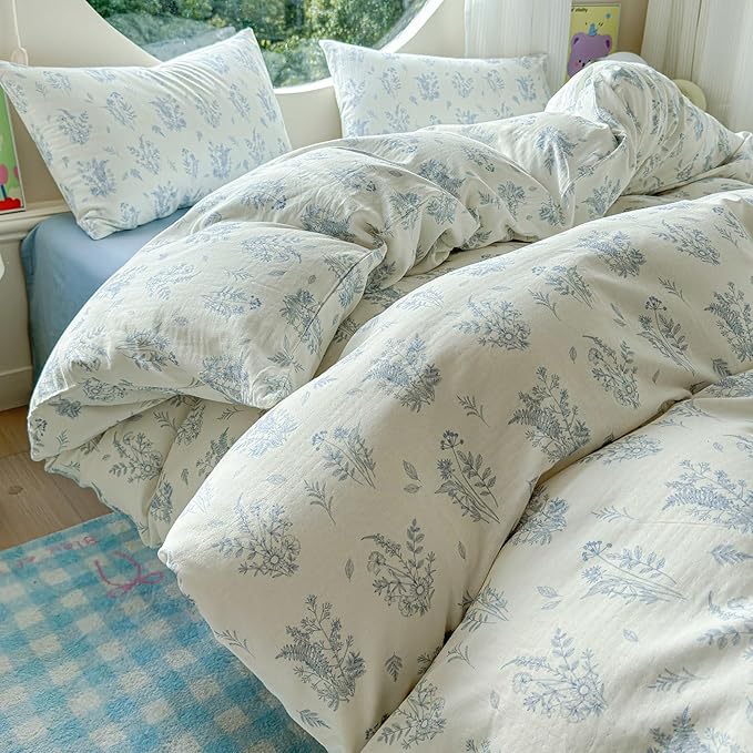 LifeTB Muslin Duvet Cover Set Twin XL Vintage Botanical Floral Duvet Cover 100% Cotton Linen Feel Flower Bedding Set Soft Gauze Comforter Cover Breathable Lightweight Cottagecore Bedding Set