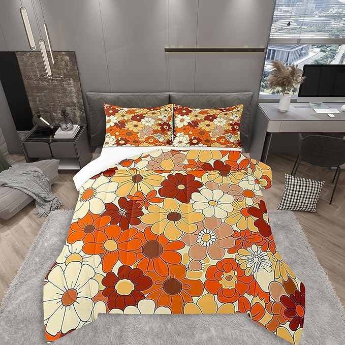 Castle Fairy Bohemian Flowers Bedding Comforters Queen Size,70s Vintage Floral Comforter Set with 2 Pillowcases,Hippie Retro Groovy Botanical 3pcs Children Adult Duvet Set,Soft