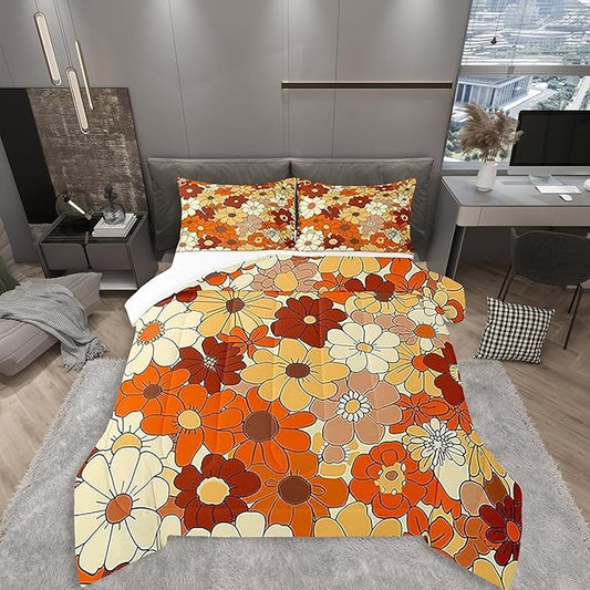 Castle Fairy Bohemian Flowers Comforter Set Full Size,70s Vintage Floral Bedding Comforters Room Decor,Hippie Retro Groovy Botanical Quilt Set with 2 Pillowcases,Teens Present