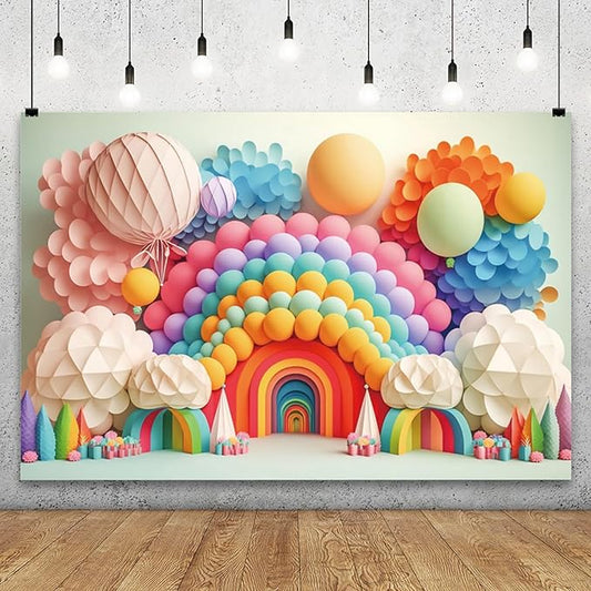 YongFoto Paper Flowers Backdrop 15x10ft Colorful Cut Paper Floral Blossom Rainbow Arch Hot Air Balloon Honeycomb Ball Photography Background Lovely Party Banner Home Decor Photo Studio Booth Props