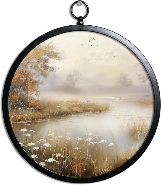 XIAOAIKA Vintage Wall Art with Metal Frame, Round Wood Print Featuring Foggy Lake and Trees, Boho Wall Decor for Living Room, Bedroom, Kitchen, 10 Inch