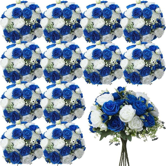 Geosar 8 Bundles Artificial Peonies Flowers Fake Silk Peony Bouquet Faux Peonies Flowers Bulk for Decoration Vase Floral Arrangements Wedding Party Table (Royal Blue,White)