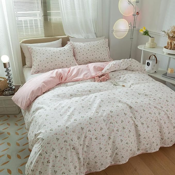 EAVD Vintage Style Garden Pink Floral Duvet Cover Queen 100% Cotton White Pink Botanical Bedding Set for Girls Women Chic Shabby Boho Botanical Floral Comforter Cover with Zipper Closure 4 Ties