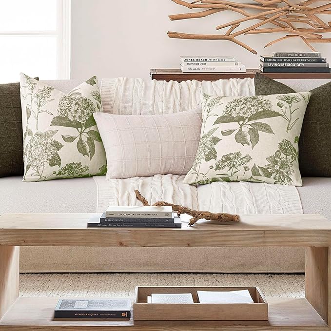 Foindtower Set of 2 Linen Floral Vintage Throw Pillow Covers Neutral Accent Print Decorative Cushion Covers Farmhouse Home Decor for Sofa Chair Couch Bedroom Living Room,18×18 Inch,Sage Green