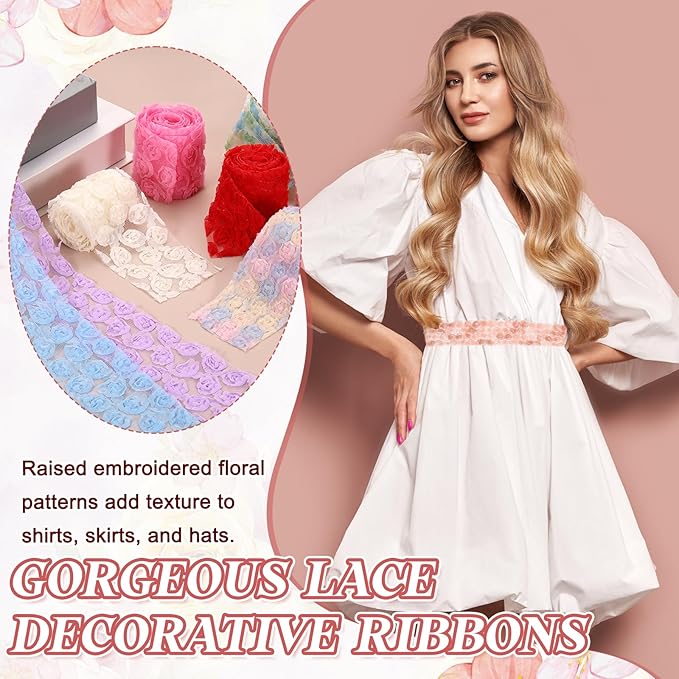 uxcell 2PCS Lace Trim Ribbon, 2.36 inch - 1 Yard 3D Rose Floral Embroidery Ribbons Edge Trimming for Sewing, Wedding Dress, DIY Crafts, Decoration Accessories, Light Pink