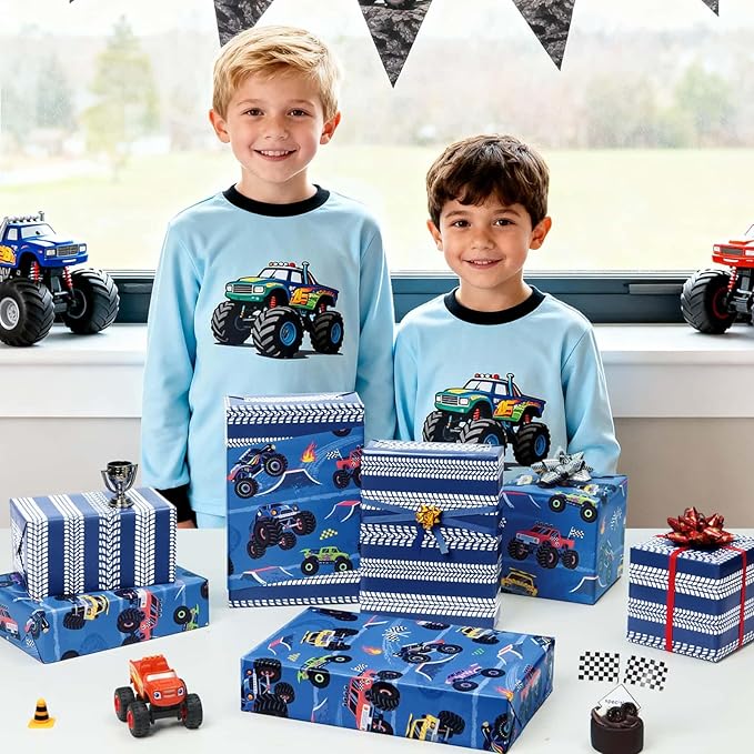 WERNNSAI Monster Truck Wrapping Paper - 1 Roll 17”x 16.4 ft Reversible Monster Jam Truck Wrapping Paper for Kids Boys Birthday Blue Truck Gift Packing for Racing Theme Birthday Carnival Celebration Party Supplies