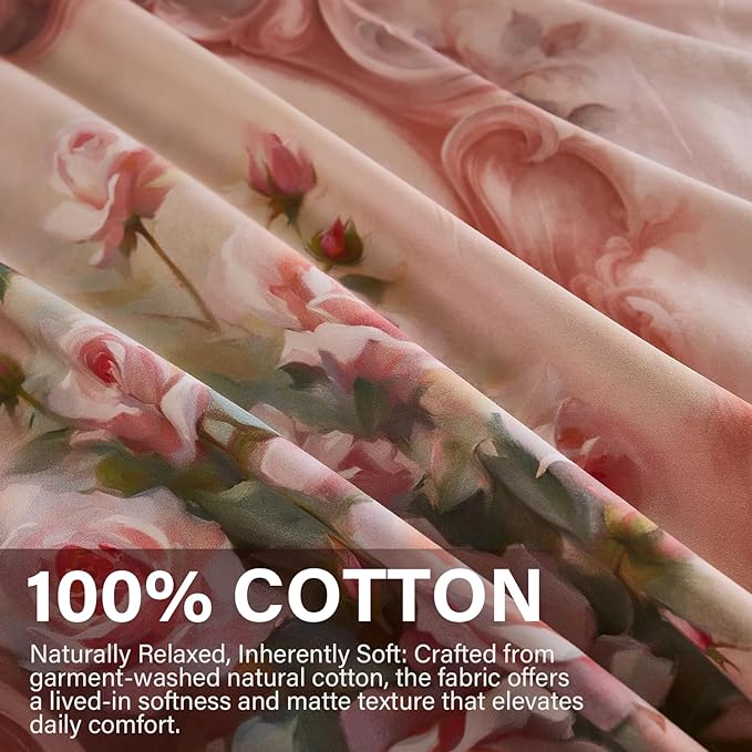 100% Cotton Duvet Cover Set Queen Size – Pink French Vintage Rose Bedding with Zipper Closure, 3-Piece Luxury Romantic Shabby Chic Floral Comforter Cover with 2 Pillowcases