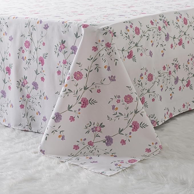 Zusbest King Sheets, Soft 100% Cotton Pink & Off White Floral Bed Sheets,Shabby Vintage Chic Purple Flower Printed Sheets,Breathable Home Decor, Garden Style 4 Piece Deep Pocket 17.5‘’（Rosy）