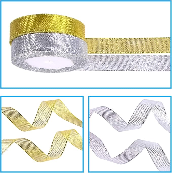 DECYOOL 8 Rolls 300 Yards Christmas Ribbons Metallic Glitter Fabric Organza Holiday Festival Ribbons 4/5" Wide for Gift Wrapping Decoration