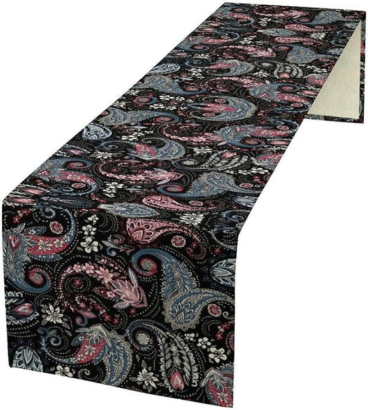 Bohemian Table Runner, Black Blue Pink Paisley Floral Boho Decor Table Runner for Kitchen Dining Home Party, 13x60 Inch