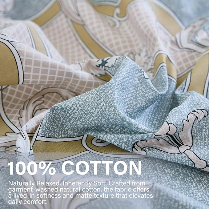 100% Natural Cotton Duvet Cover Set King 3 Pcs Grayish Blue Duvet Cover with Luxurious Damask Pattern, Reversible Breathable Soft Comforter Cover Sets with Zipper Closure All Season