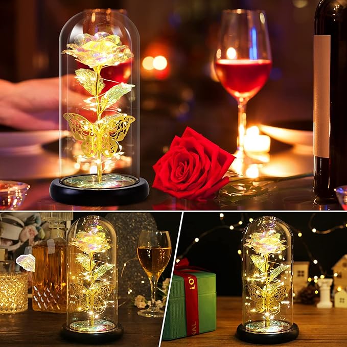 Birthday Rose Flower Gifts for Women, Mothers Day Glass Rose Gift for Mom from Daughter Son, Colorful Blue Rainbow Rose in Glass Dome with Music Box, Light Up Rose in Glass Dome for Her Wife Grandma