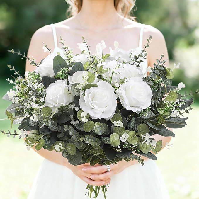 120 Pcs Mixed Artificial Eucalyptus Leaves Stems Bulk,Baby Breath Artificial Flowers Bulk with Eucalyptus Leaves Greenery Stems for DIY Bouquets Wedding Floral Home Decor (Green+White-120pcs)
