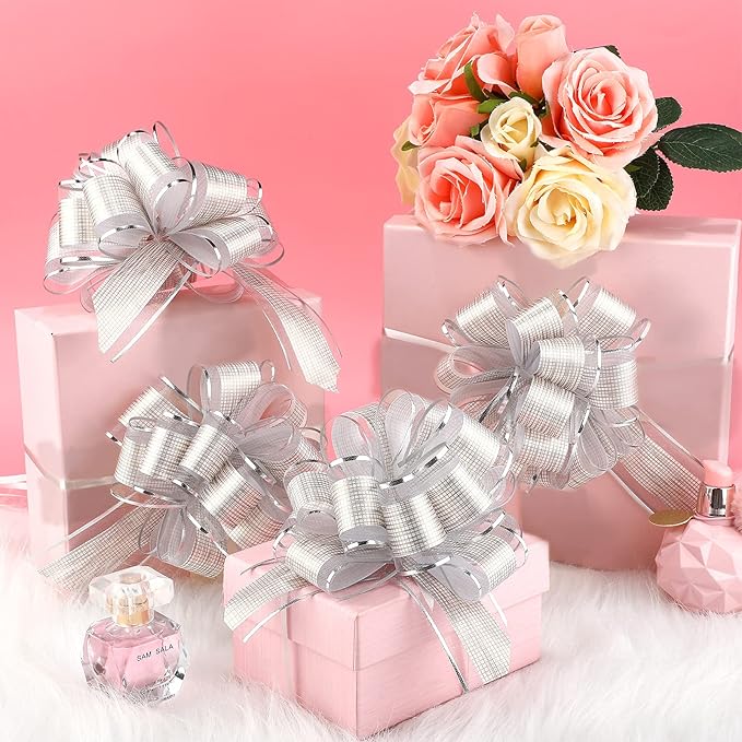 WILLBOND 20 Pieces 6 Inch Pull Bows Gift Wrapping Ribbon Pull Bows for Christmas Wedding Baskets Valentine Multicolor Wrap Accessory for Gift Present Holiday Decor(Silver)