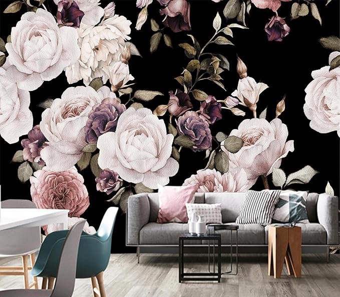 Cliouar-Peony Flowers Wall Mural - Purple Flower Wallpaper, Rose Mural Peel and Stick 90" x 67"