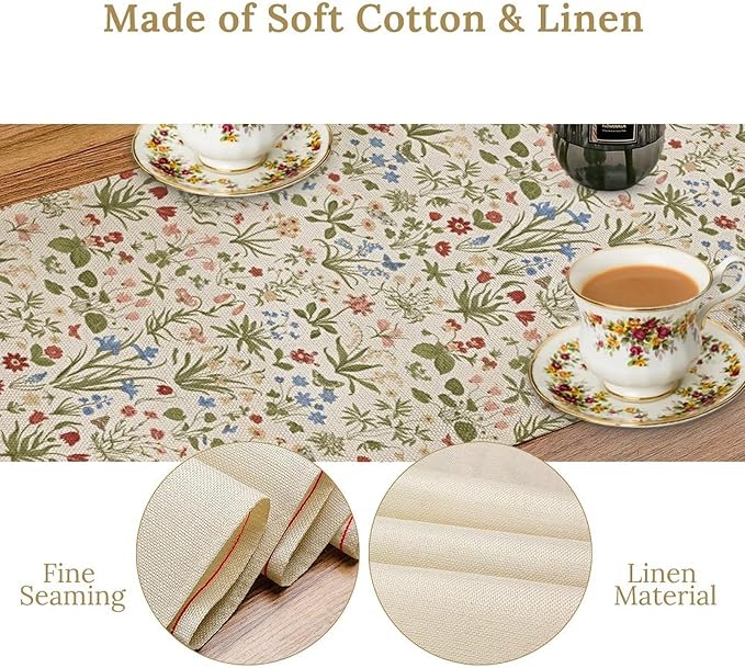 Vintage Floral Table Runner, Country Botanical Flower Farmhouse Home Decor Table Runner for Kitchen Dining Picnic Decoration, 13x36 Inch