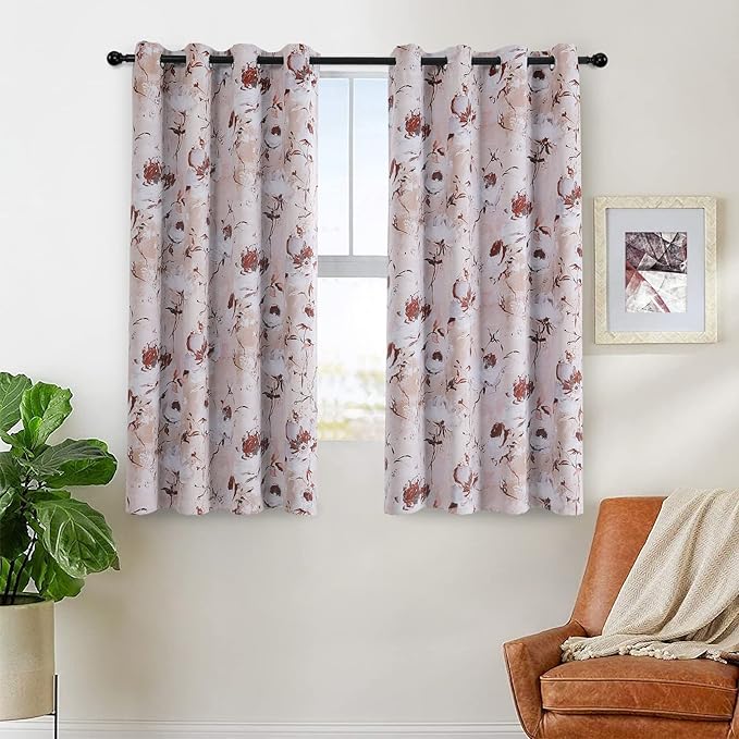 MYSKY HOME Floral Curtains - 63 inch Length, 2 Panels for Bedroom, Darkening Thermal Insulated, Flower Printed with Grommet in Burgundy and White