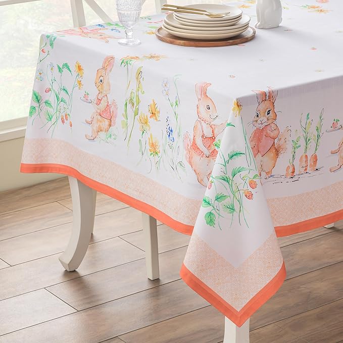 Maison d'Hermine Table Cloth Rectangle Table 100% Cotton Tablecloth for Dining Room, Farmhouse, Home, Hotel, Parties & Wedding - Ideal for Easter Decorations Spring & Summer (Bunny Party, 60" x 90")