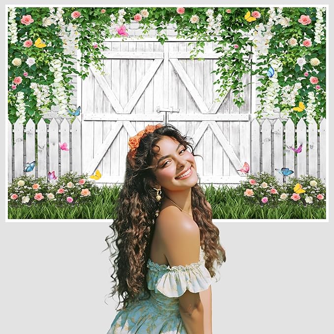 AOFOTO White Barn Door Floral Backdrop 6x4ft Spring Garden Background Banner Green Leaves Flowers Butterfly Wooden Door Backdrops Birthday Bridal Shower Wedding Banner Photo Booth Studio Props