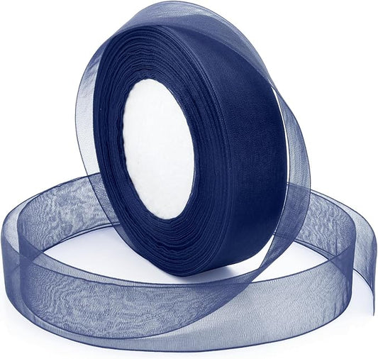 Bule Ribbon for Gift Wrapping, 1 inch 50Yard Sheer Organza Tulle Ribbon for Flower Bouquet, Navy Blue Gifts Wrap Chiffon Ribbons for Fathers Day, Wedding, Crafts, Birthday Party Decorations