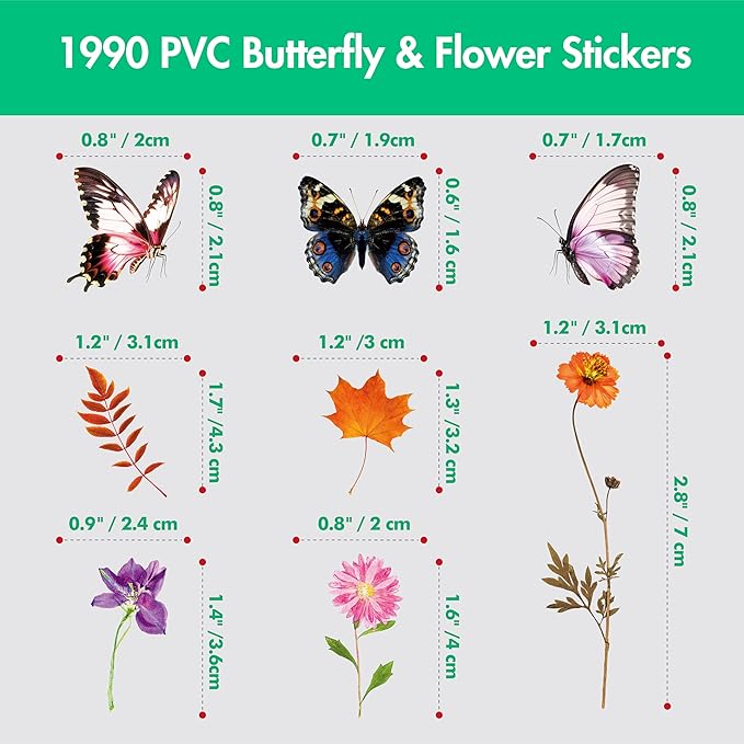 1990 PCS PVC Flower & Butterfly Stickers, Self-Adhesive Nature Floral Stickers for Scrapbook, Laptop, Journal, DIY Project, Spring-Themed Party Decors