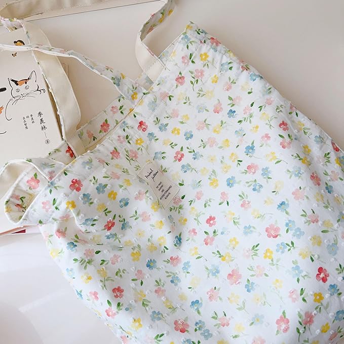 Cotton Canvas Tote Bag Reusable Soft Grocery Cloth Bag Floral Shoulder Bag for Beach Travel Shopping