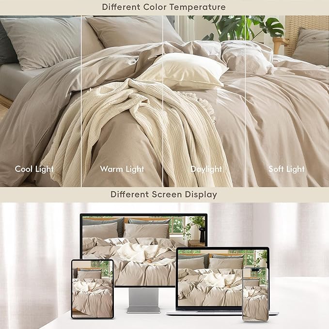 MooMee Bedding Duvet Cover Set 100% Washed Cotton Linen Like Textured Breathable Durable Soft Comfy (Heathered Taupe, King 104"x90")