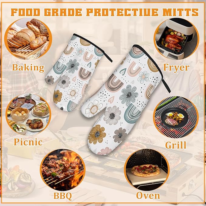 Cute Rainbows Oven Mitts and Pot Holders,Boho Floral Flowers Heat Resistant Oven Mitts Gloves and Pot Holder for Home Kitchen Decorations Cooking Baking BBQ Gifts,Set of 4