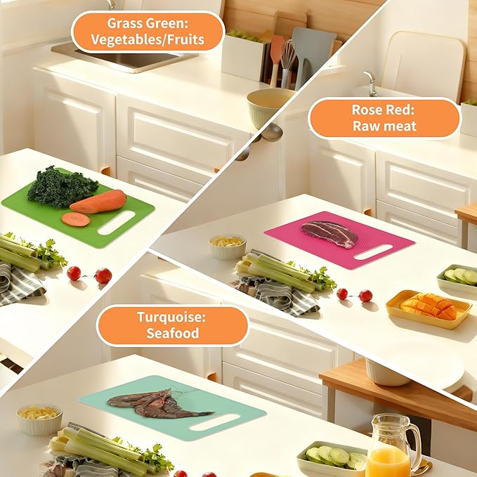 Cutting Board Set of 4, 11.4" x 7.5" x 0.1", Red Green Yellow White, Plastic Kitchen Cutting Boards with Juice Groove & Handle Hole, Lightweight & Dishwasher Safe