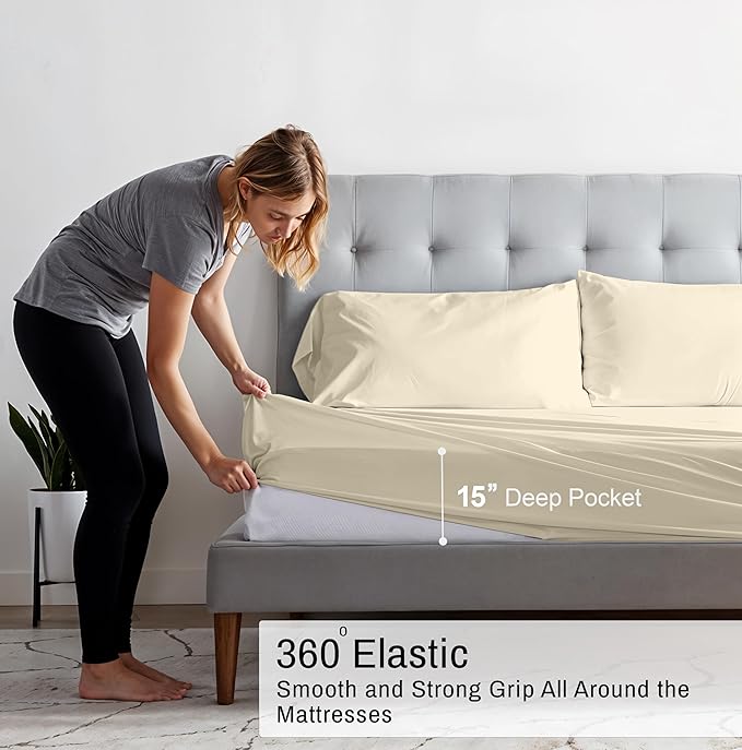 RUVANTI 100% Organic Cotton Sheets King Size, Percale Weave, GOTS Certified, 4-Piece Set, Deep Pocket 15", Crisp & Breathable, Soft Durable Bedding, Sábanas Algodón Orgánico – Cloud Cream