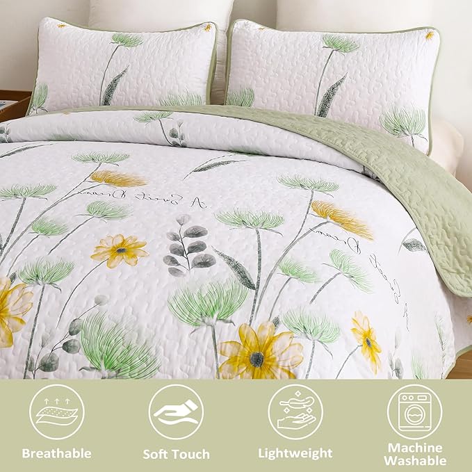 Dinjoy Floral Quilt Set Twin Size, Green Yellow Bedspreads 2 Pieces Cute Summer Bedding Set Lightweight Quilts Soft Flower White Coverlet Sets Farmhouse for Child Girls 68"x86"