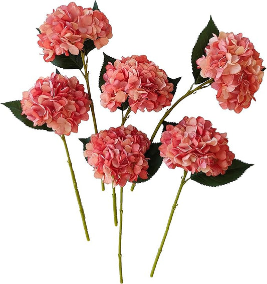 Coral Hydrangea Artificial Flowers,6 Pcs Faux Hydrangea Flowers,Artificial Hydrangeas Flowers with Stems,Fake Hydrangeas, Silk Flowers Color with Stems for Home Decor (6, Coral)