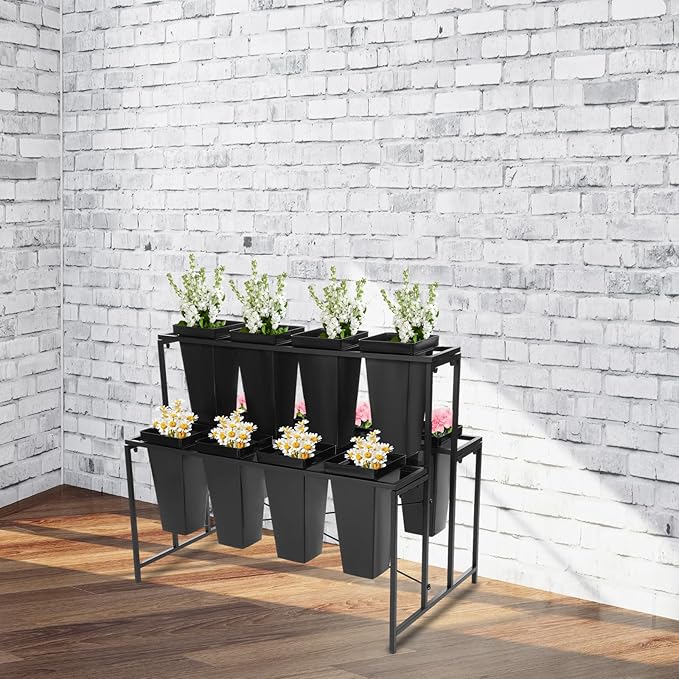 Flower Display Stand with 12 Pcs Buckets 3 Layers Metal Plant Stand Plant Cart Shelf Flower Bucket Rack Stand for Indoor Florist Garden Patio (Black Stand-Black Square Buckets)